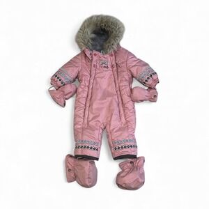 Nano Baby One-Piece Snowsuit Pink Fleece Lined Faux Fur Hood 6M Mitts Booties